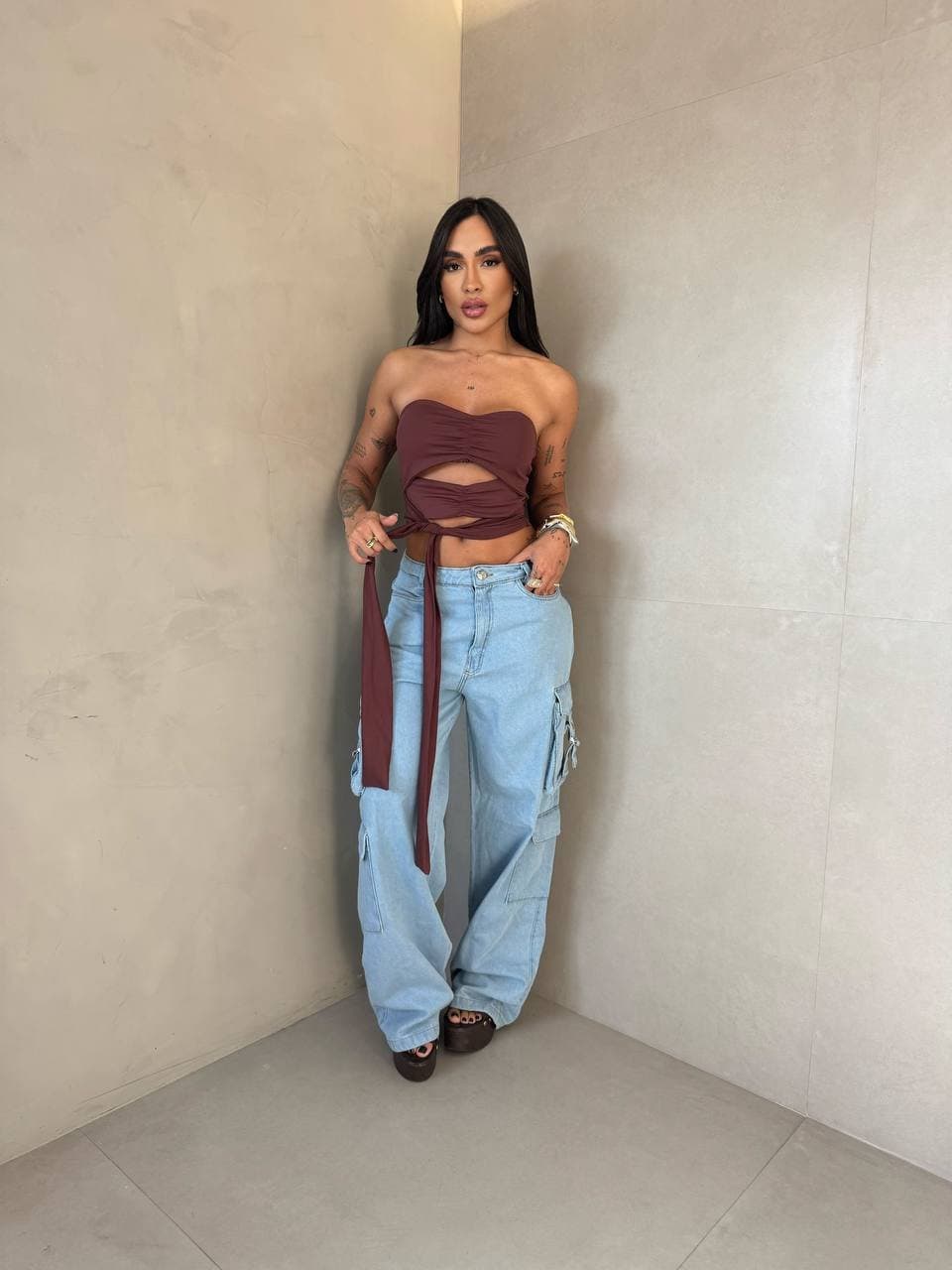 Cropped Poliamida Tomara Que Caia Amarração Marrom