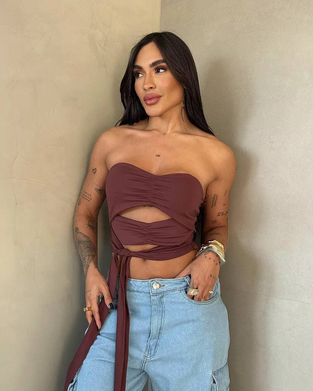 Cropped Poliamida Tomara Que Caia Amarração Marrom