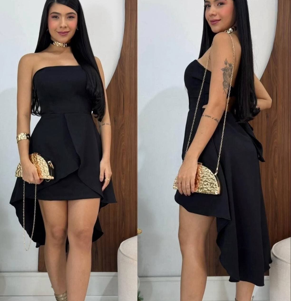 Vestido Curto Na Frente Com Cauda Comprida Atrás Preto