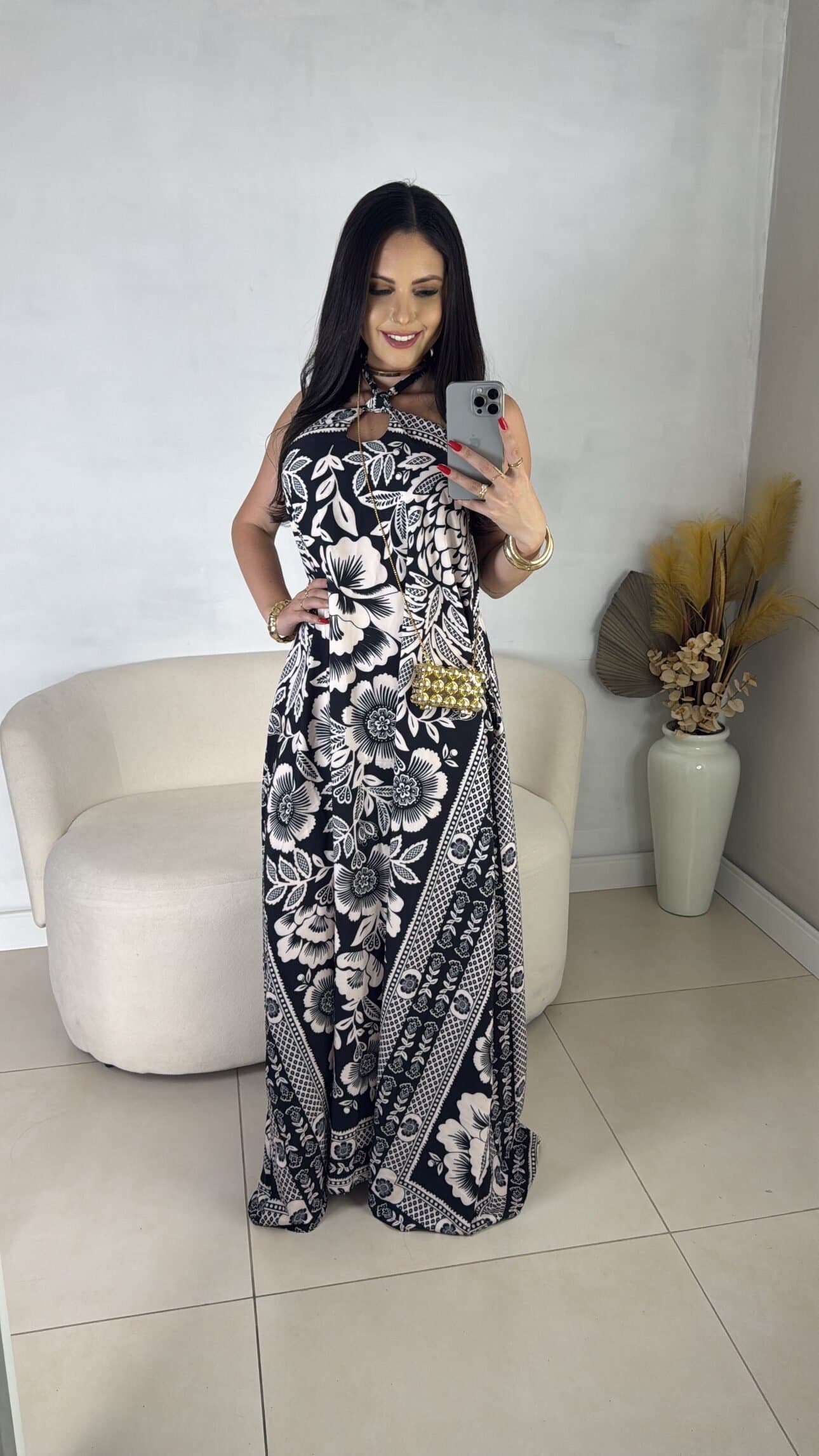 Vestido Longo Estampado Flower Branco com Preto