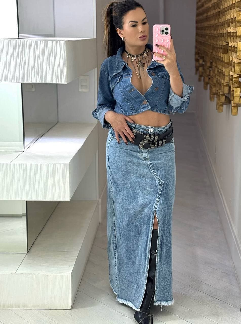 Saia Longa Melinda Jeans Com Fenda