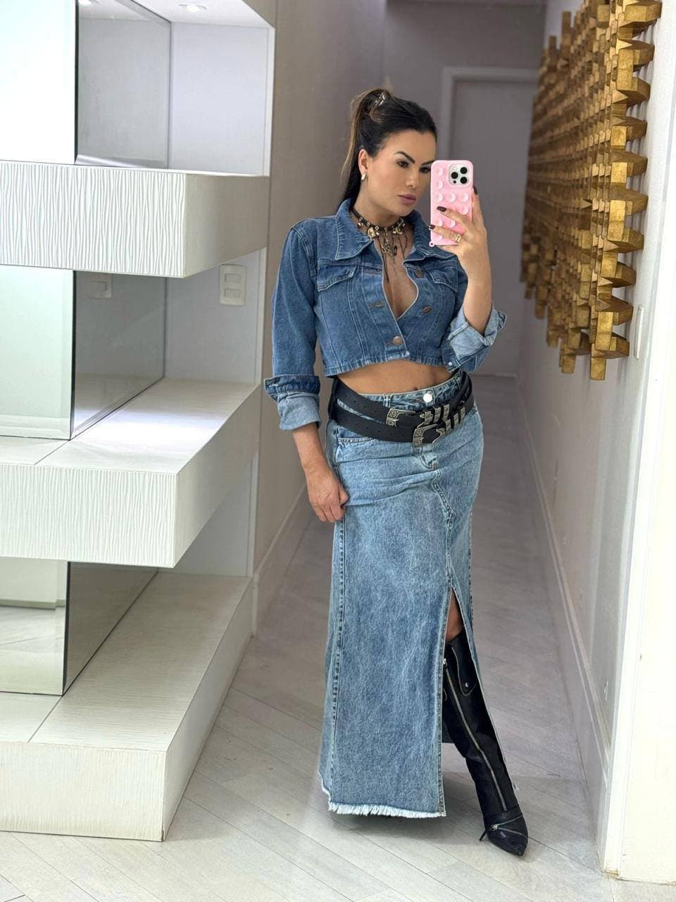 Saia Longa Melinda Jeans Com Fenda