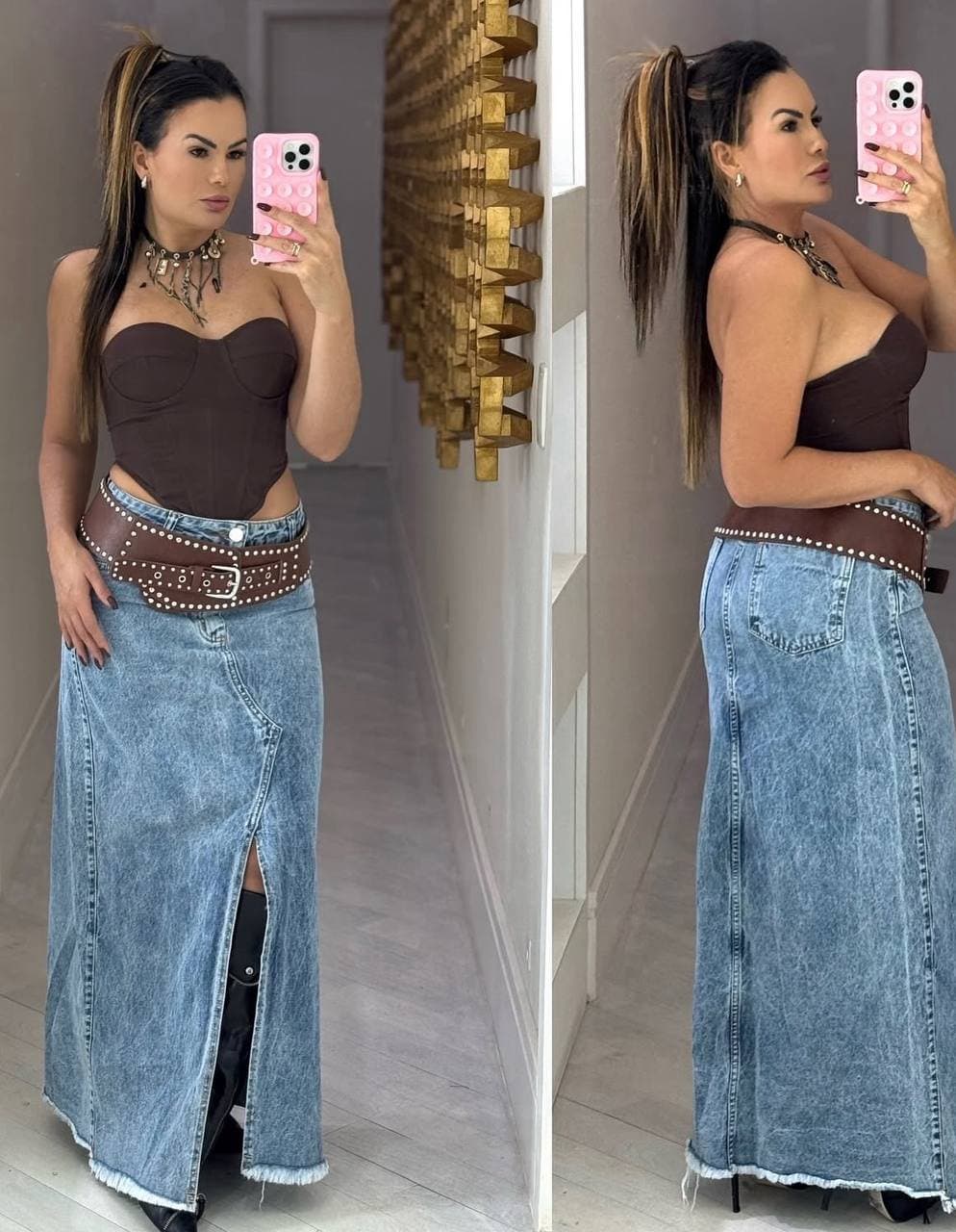 Saia Longa Melinda Jeans Com Fenda