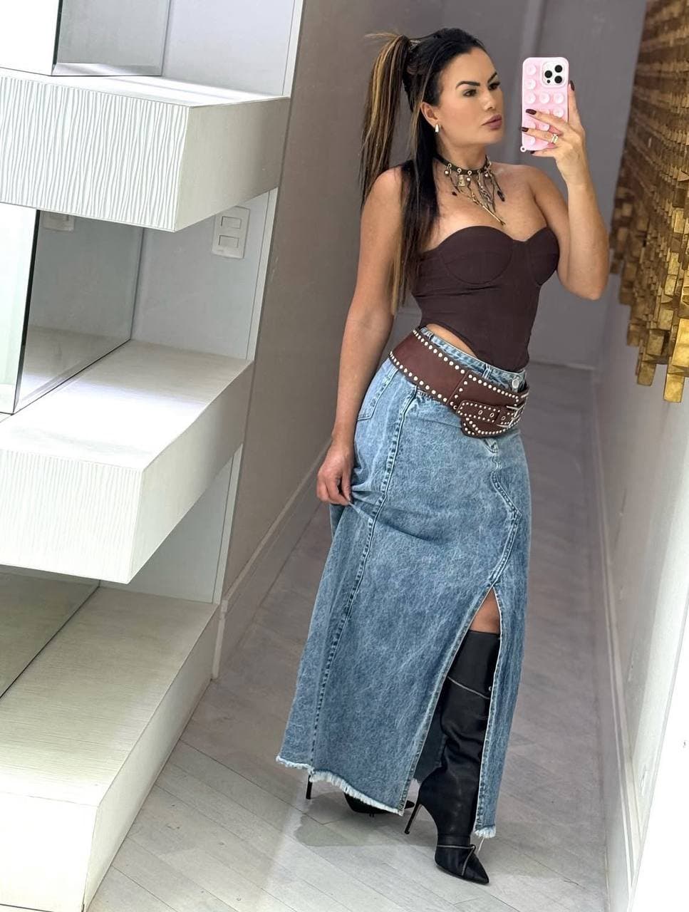 Saia Longa Melinda Jeans Com Fenda