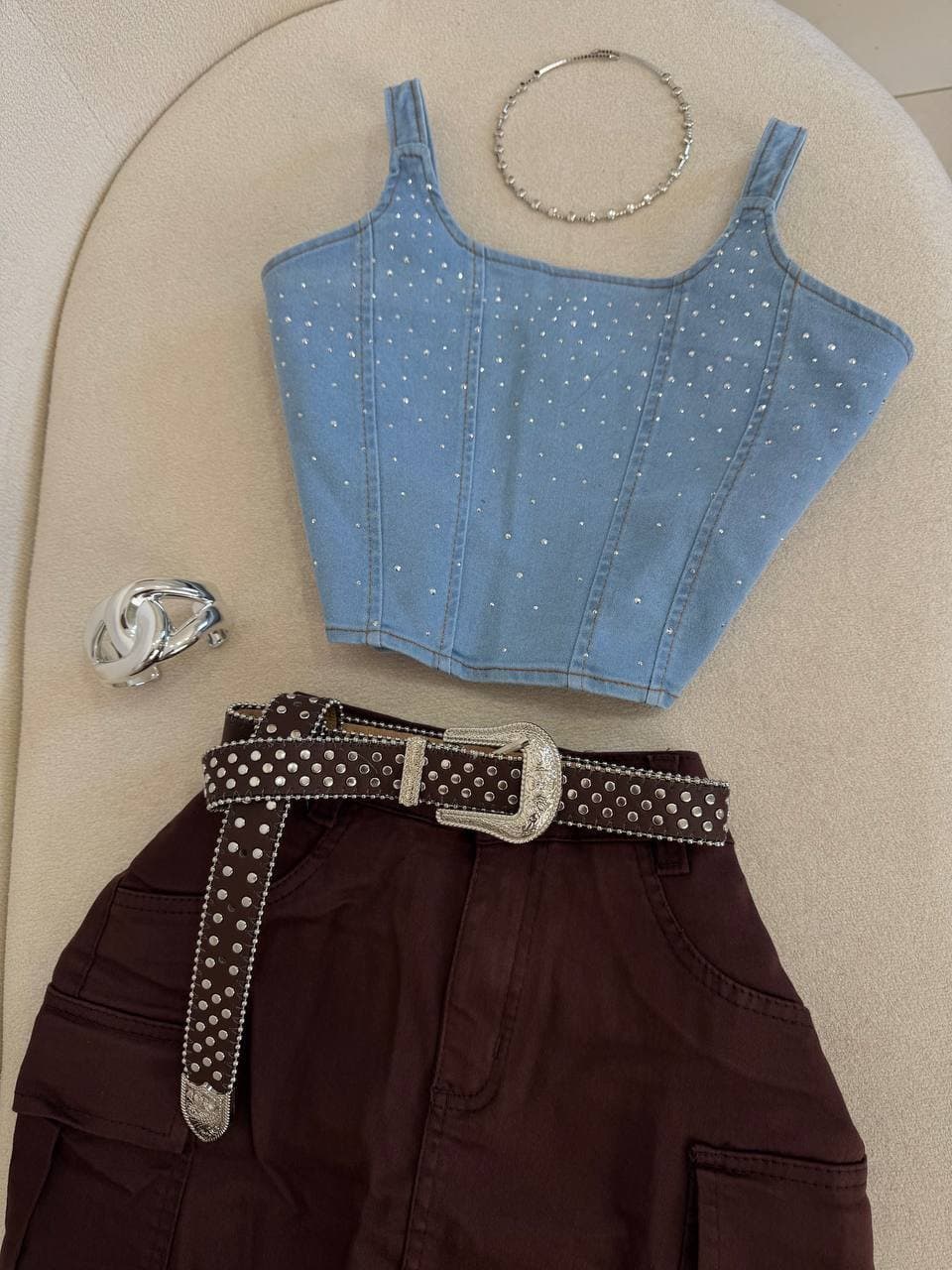 Saia Jeans Cargo Bolsos Marrom