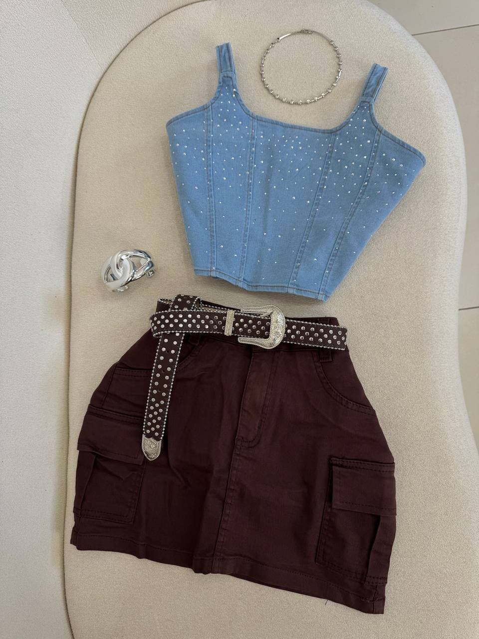 Saia Jeans Cargo Bolsos Marrom