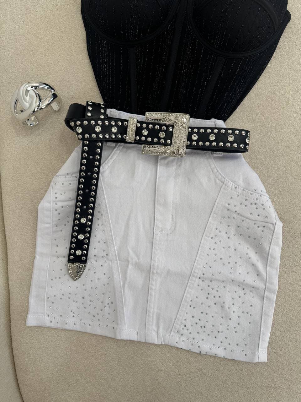 Saia Jeans Branca com Strass