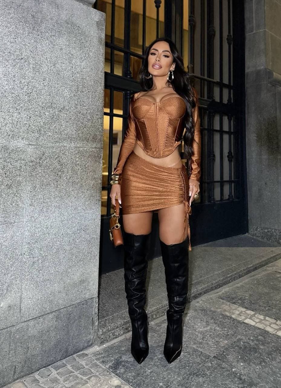 Conjunto Corset Alexia Acetinado Marrom