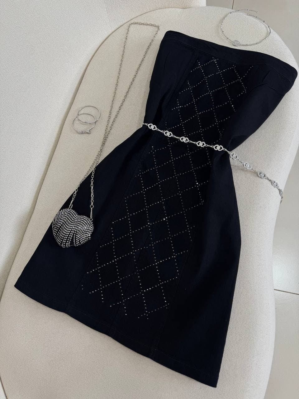 Vestido Tomara que Caia Jeans Strass Preto