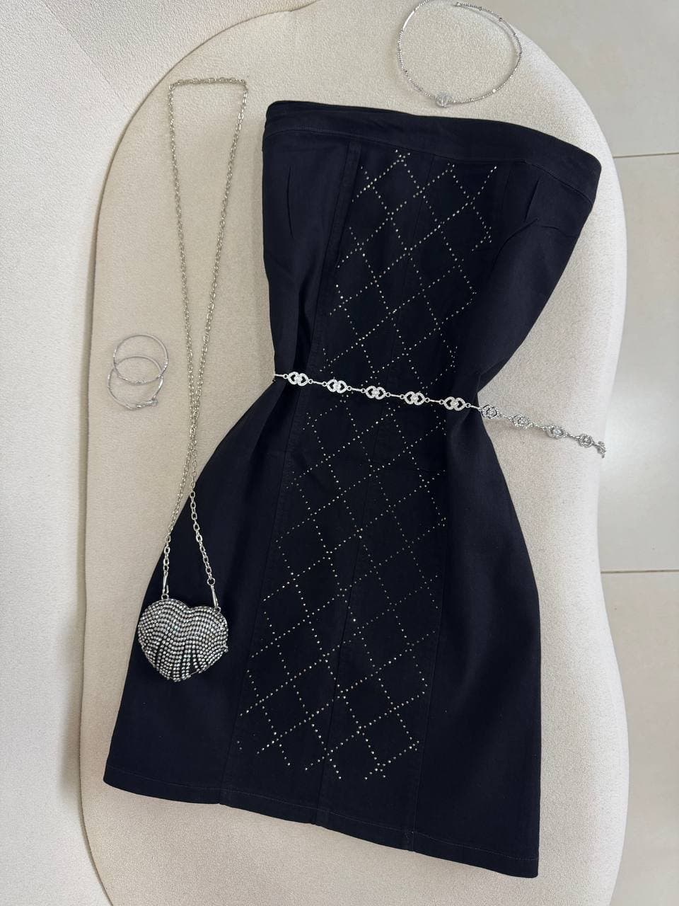 Vestido Tomara que Caia Jeans Strass Preto