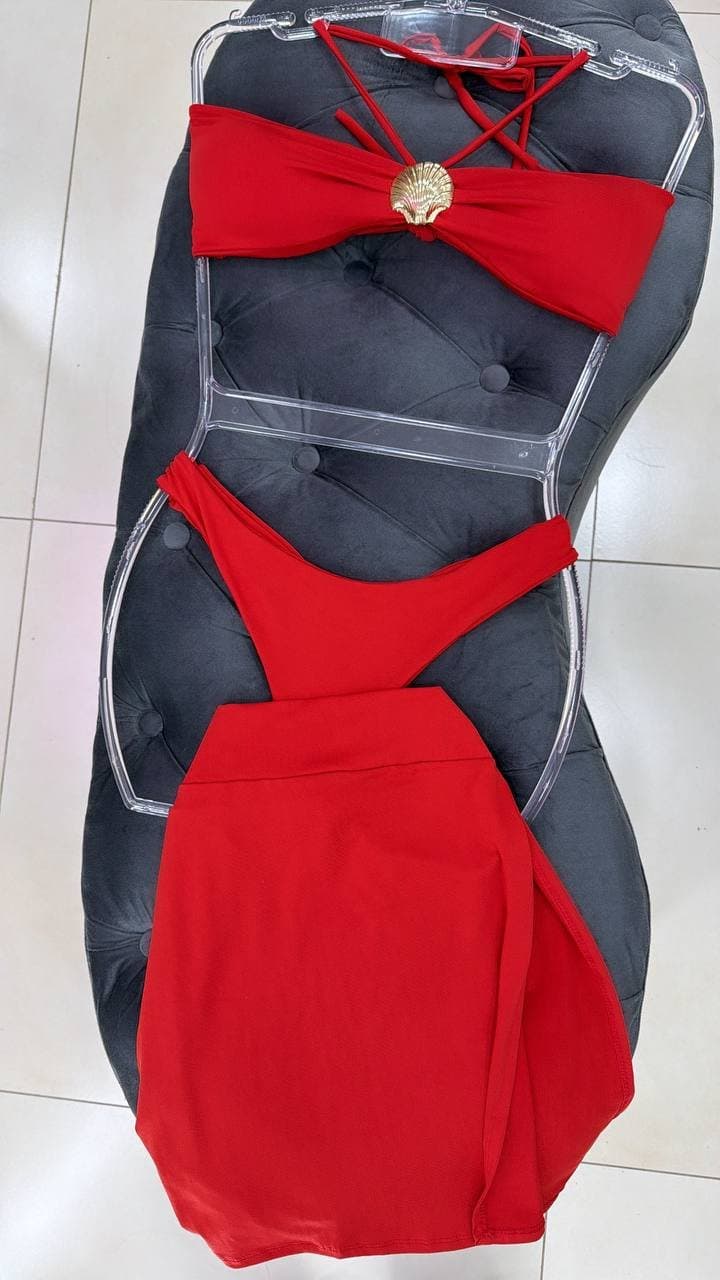 Conjunto De Biquíni 3 Peças Biquíni + Saída Concha Vermelho
