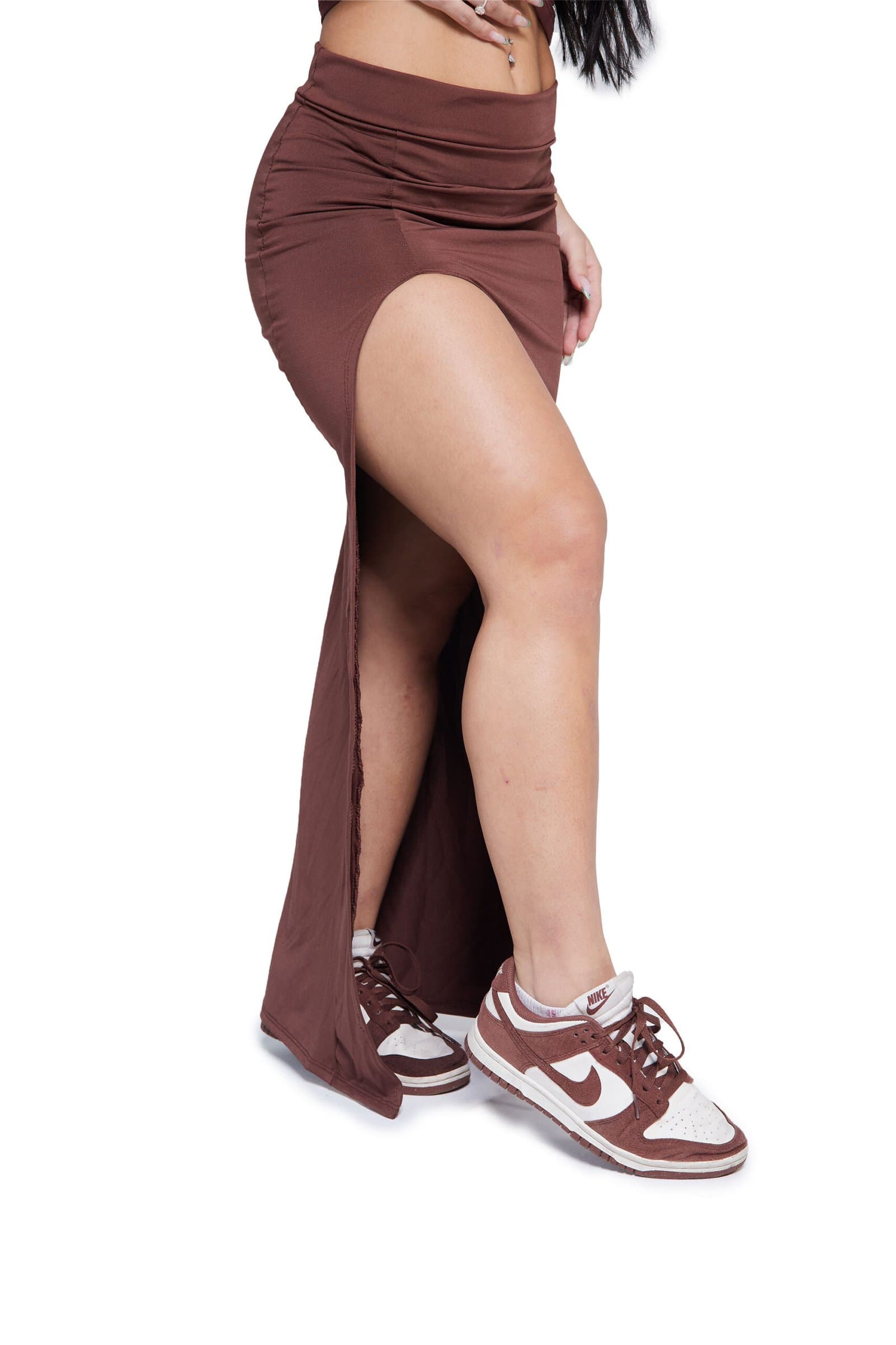 Saia Longa Fenda Maia Marrom Escuro