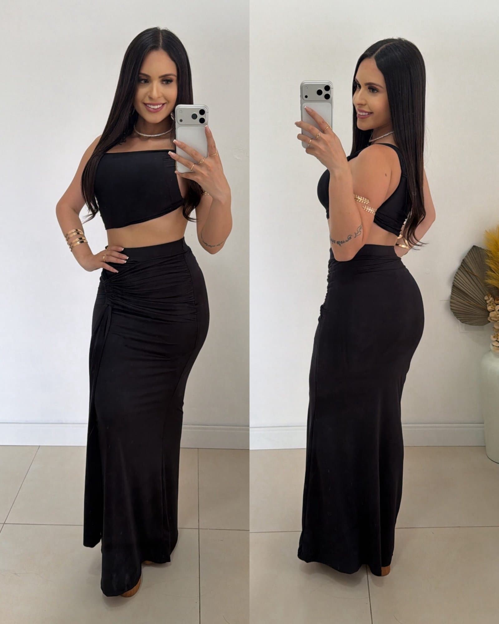 Conjunto Longo de Cropped e Saia Anelise Preto