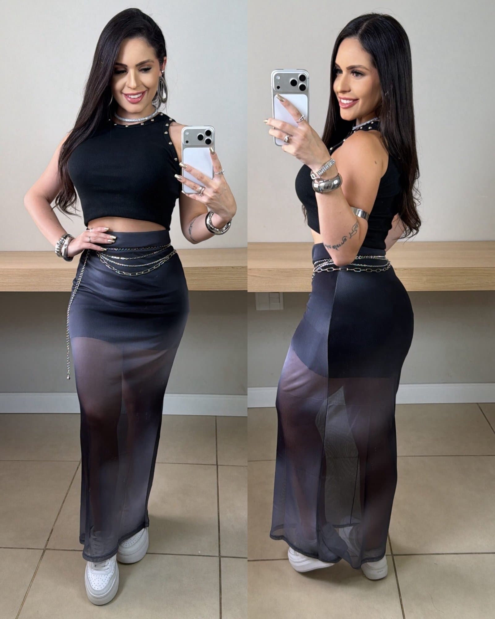 Saia Longa Tule Marmorizada Preta com Cinza