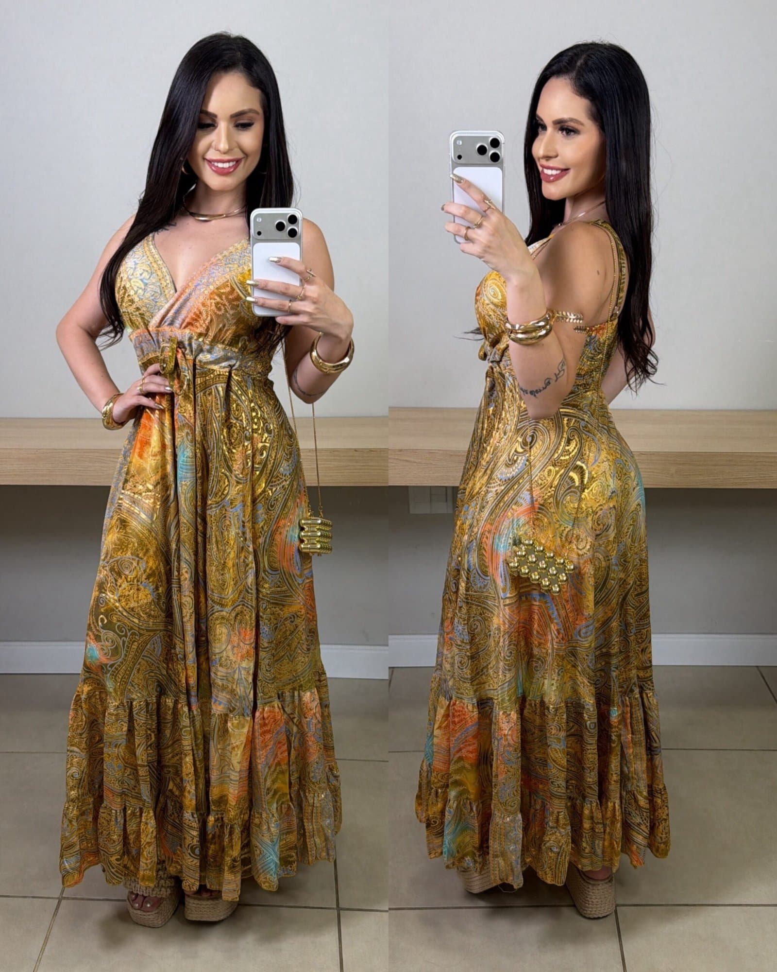 Vestido Longo Indiano Costas Lastex com Brilho Dourado