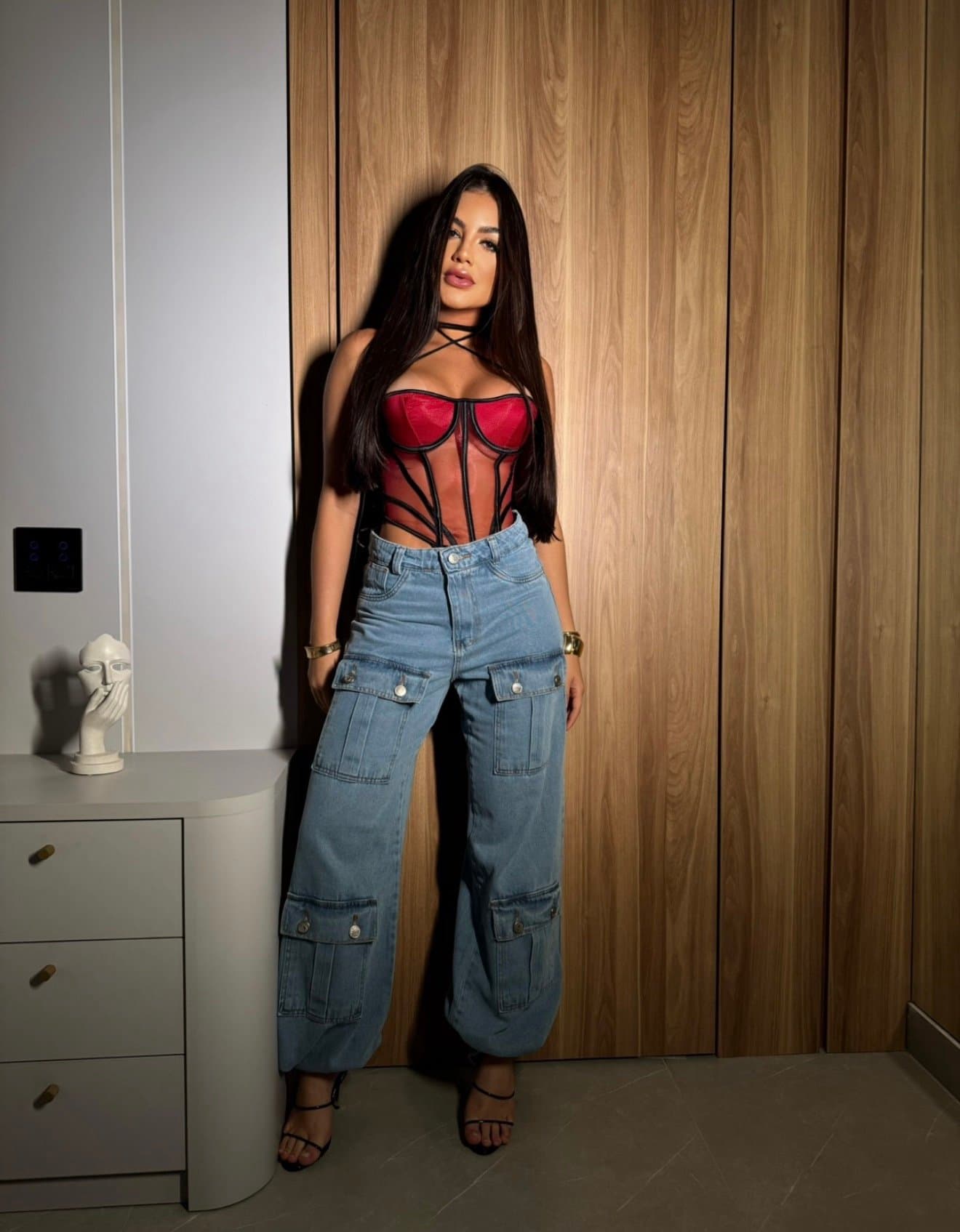 Calça Jeans Wide Leg Sensação Bolsos Frontais