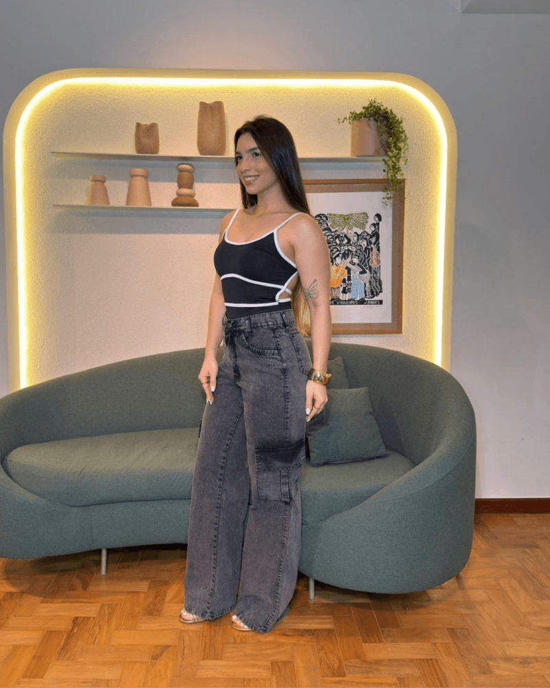 Calça Jeans Cargo Grafite Livia