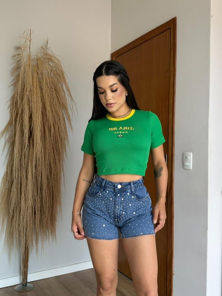 Cropped Manguinha Canelado Brasil Verde