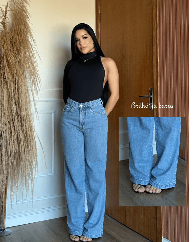 Calça Jeans Wide Leg Strass na Barra