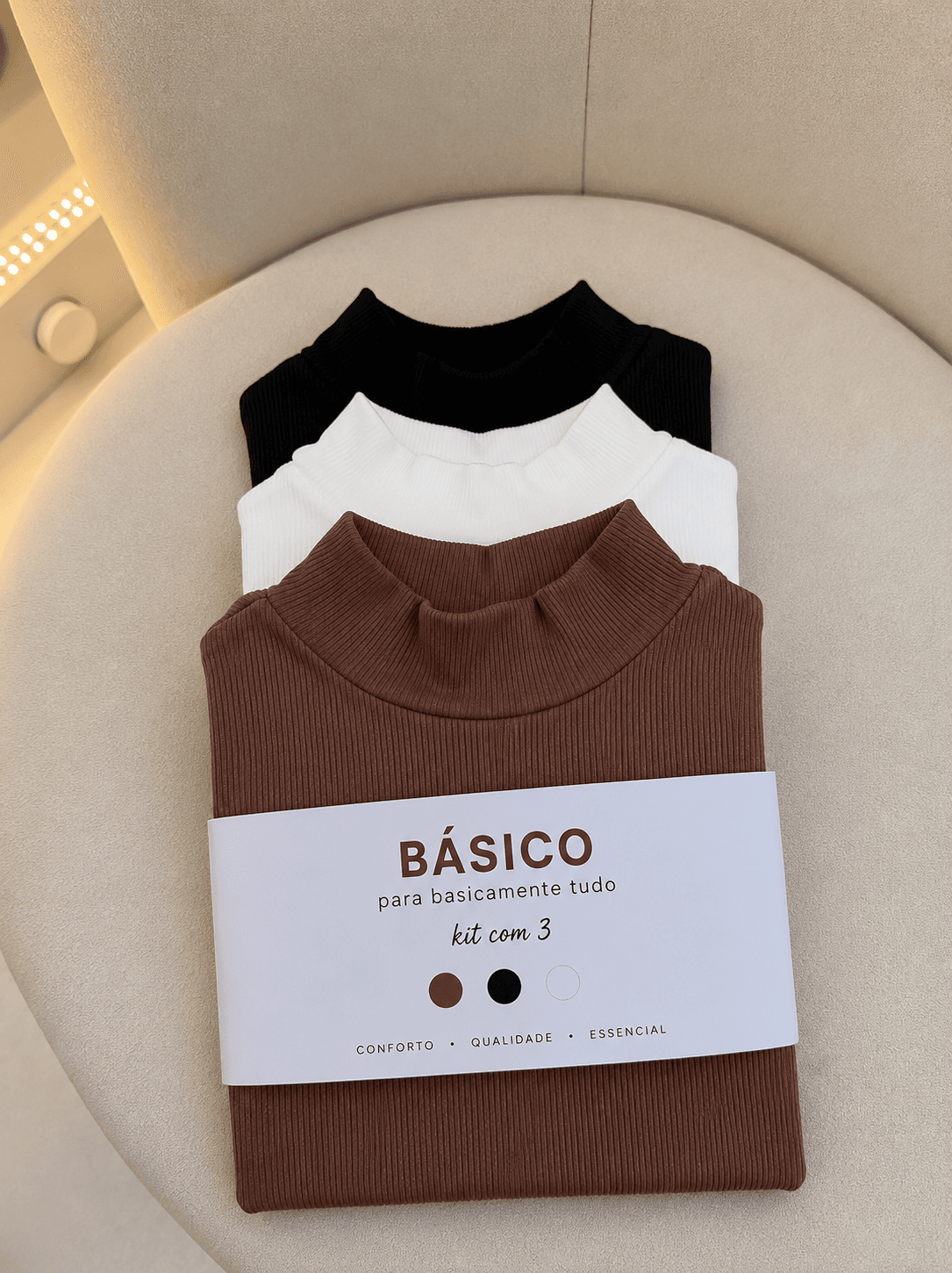 Kit 3 Blusas Caneladas Gola Alta Flaneladas Básicas – Marrom, Branca e Preta