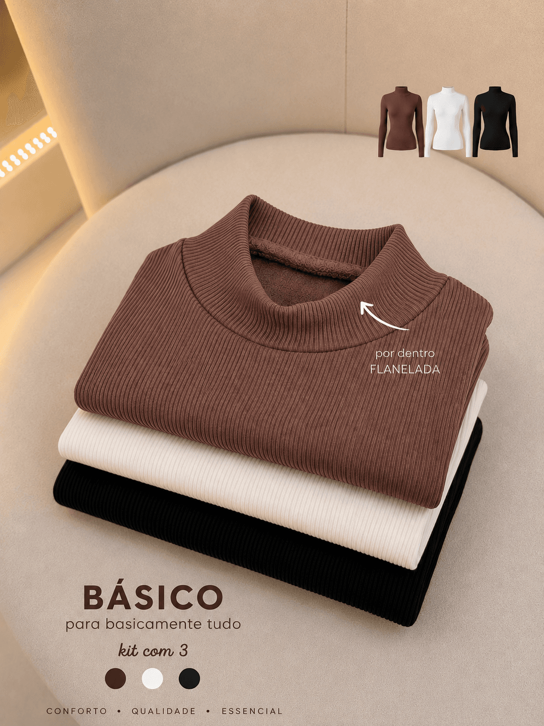 Kit 3 Blusas Caneladas Gola Alta Flaneladas Básicas – Marrom, Branca e Preta