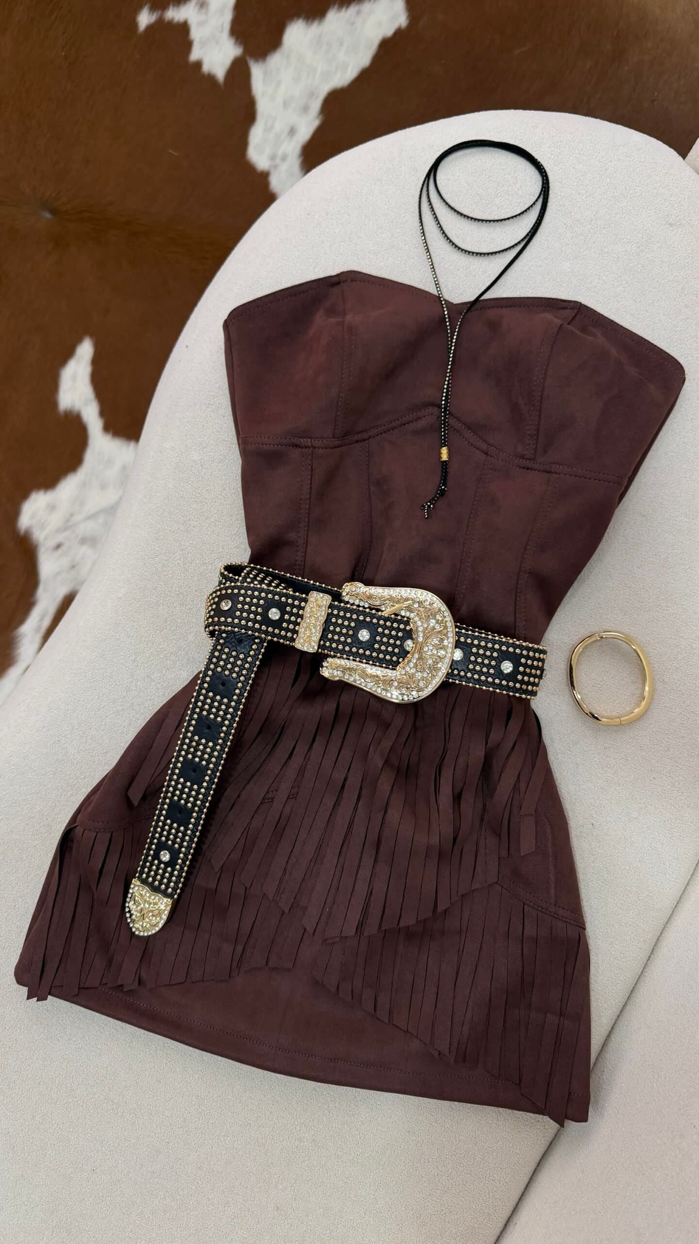 Vestido Curto Tubinho Suede Franjas