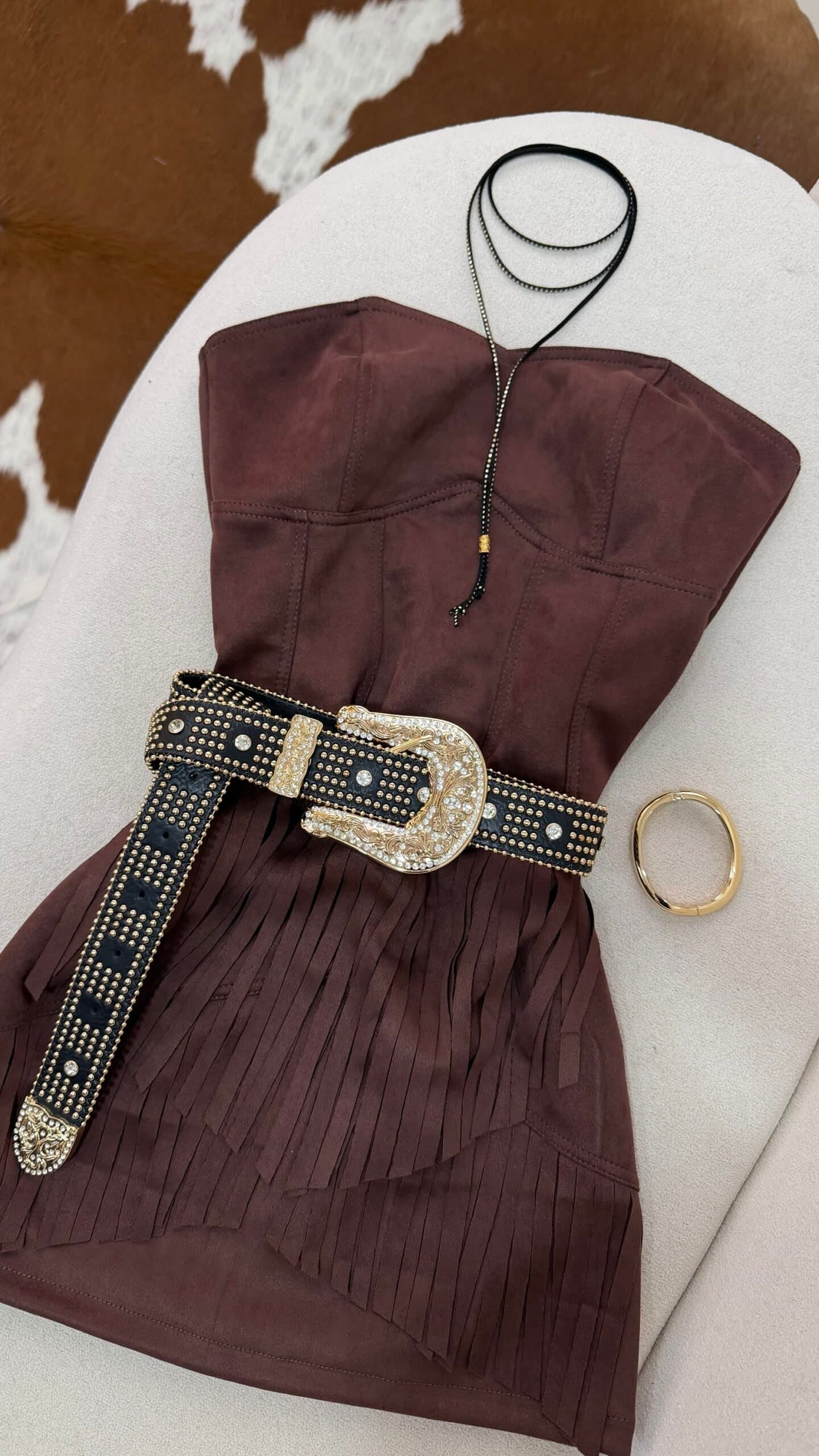 Vestido Curto Tubinho Suede Franjas