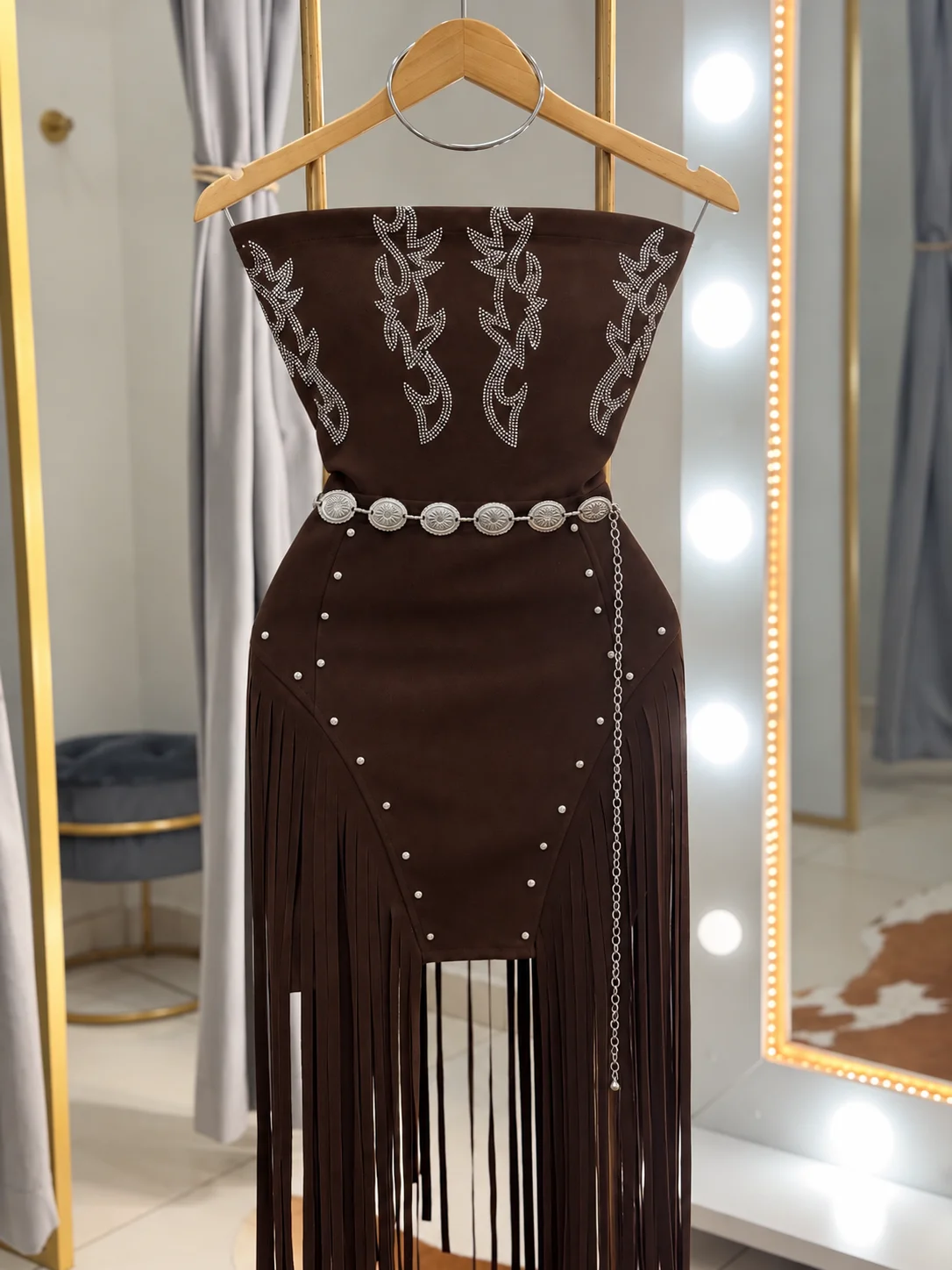 Vestido Suede com Franjas e Strass Isadora