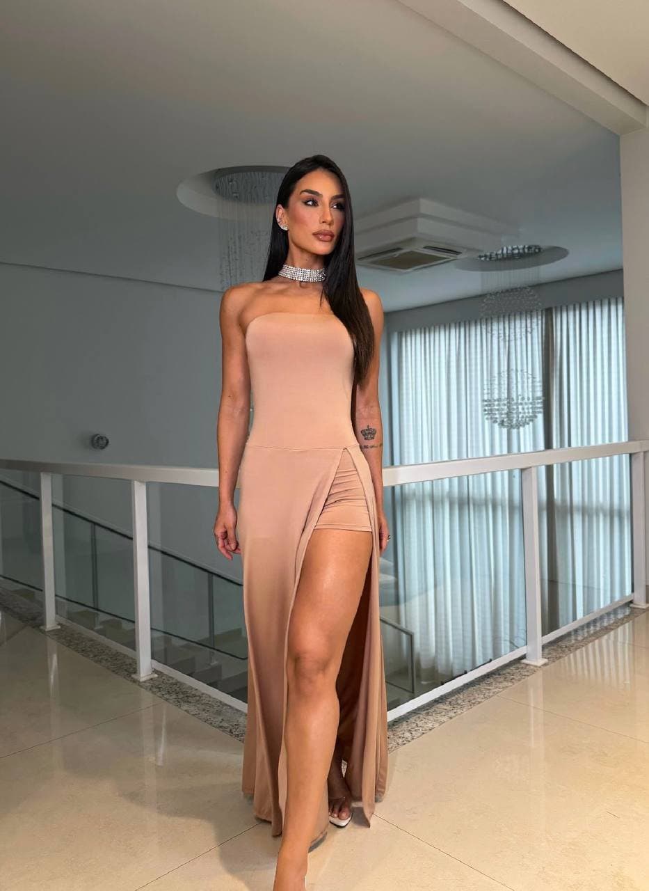 Vestido Longo Jordana com Fenda Bege