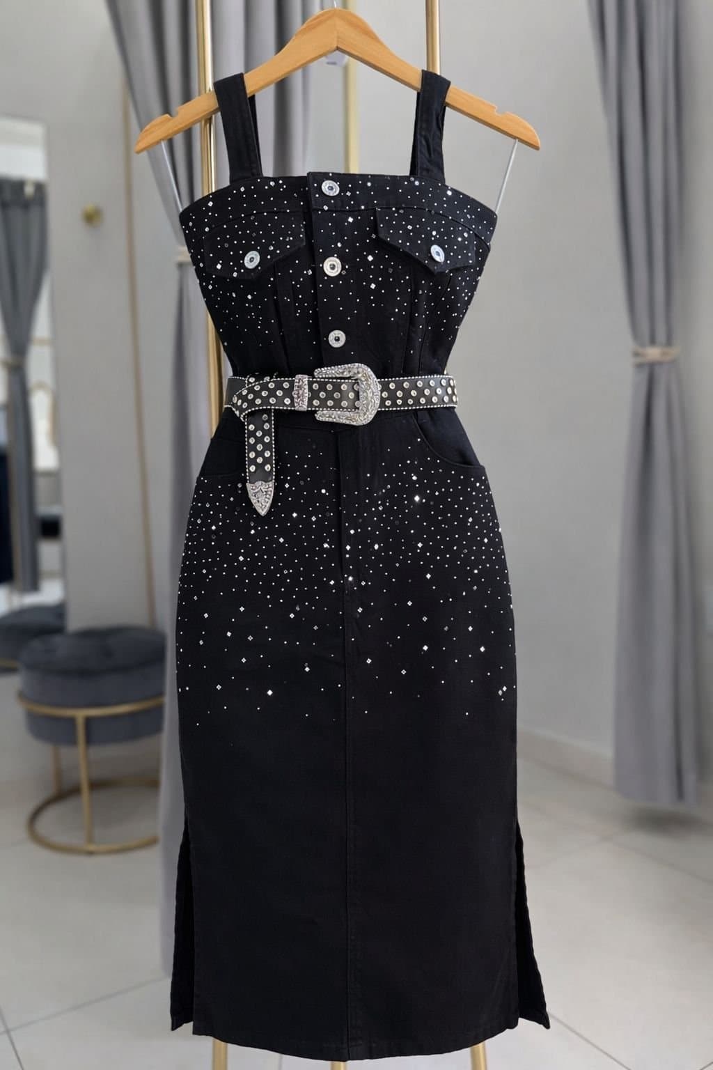 Conjunto Jeans Mid Preto com Strass