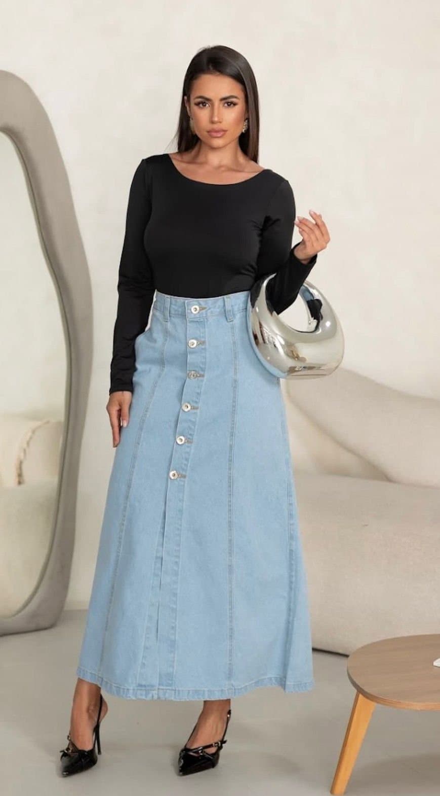 Saia Longa Jeans Botões