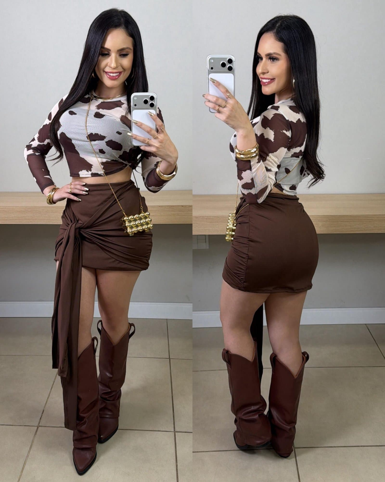 Cropped de Tule Cow Print Marrom