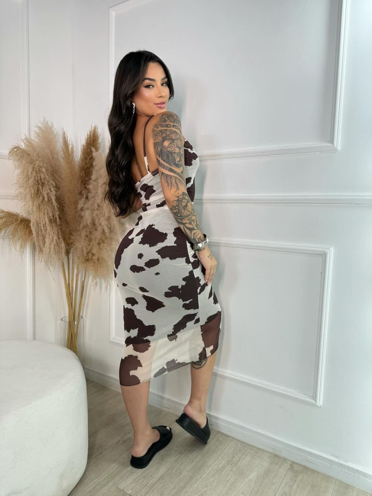 Vestido de Tule Mid Cow Print Marrom