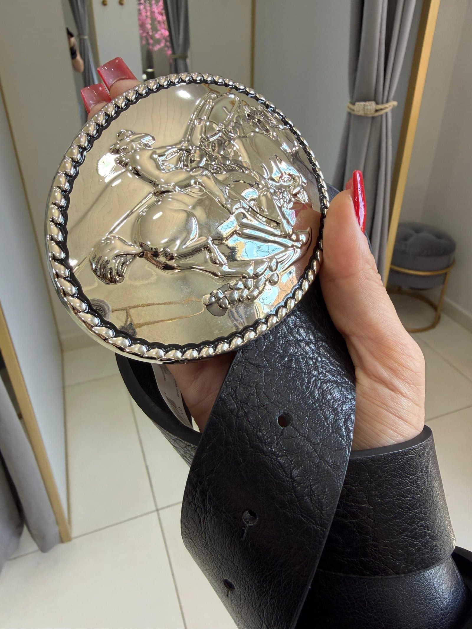 Cinto Preto Country Fivela Grande Oval Prata