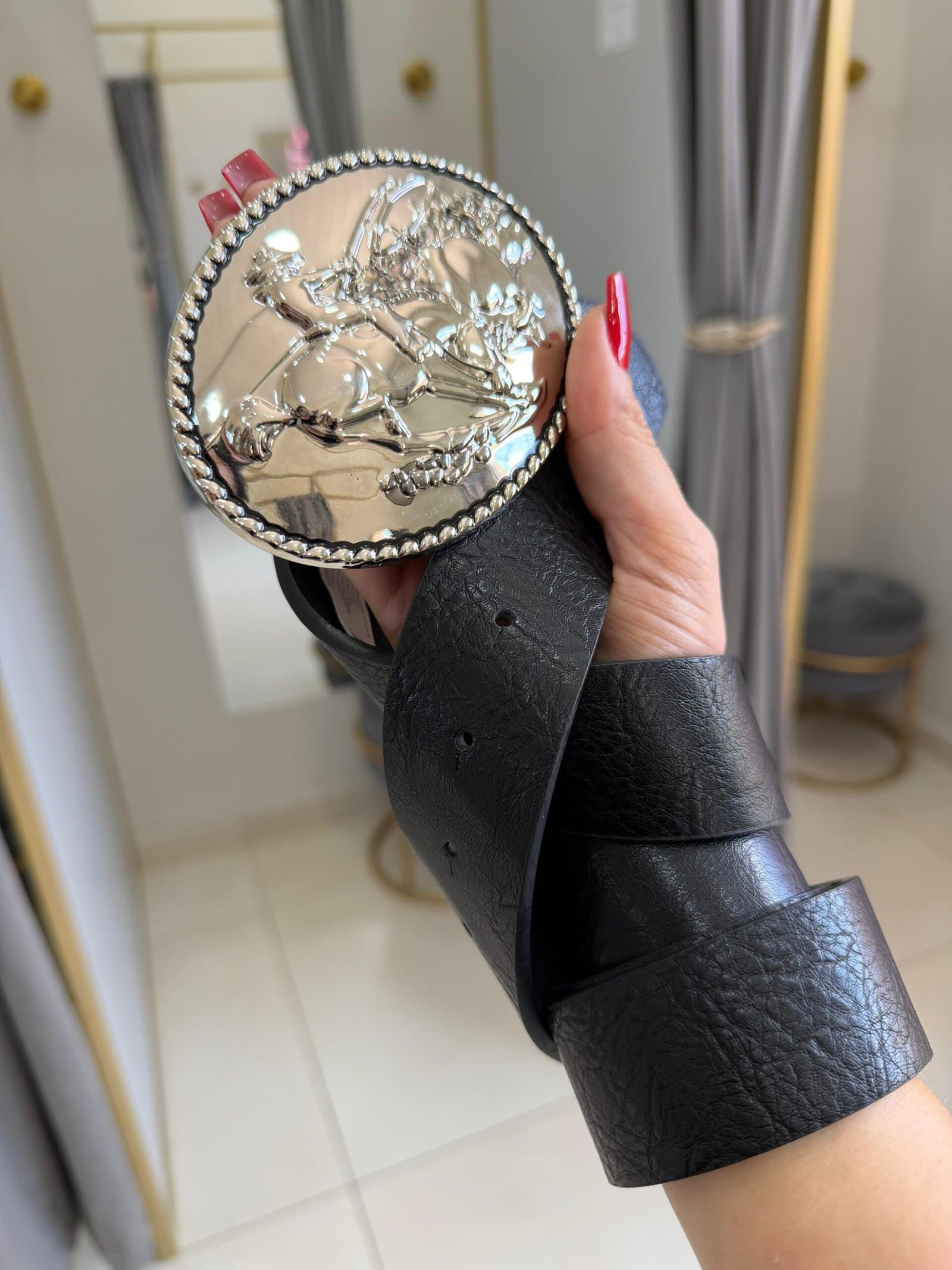 Cinto Preto Country Fivela Grande Oval Prata