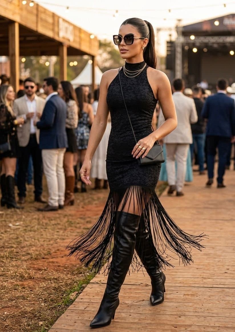 Vestido Mid Franjas Rendado