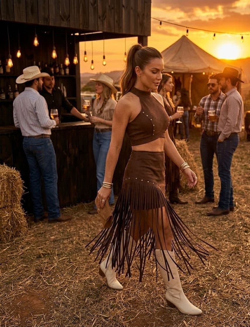 Conjunto Marrom Suede Franjas com Aplicações