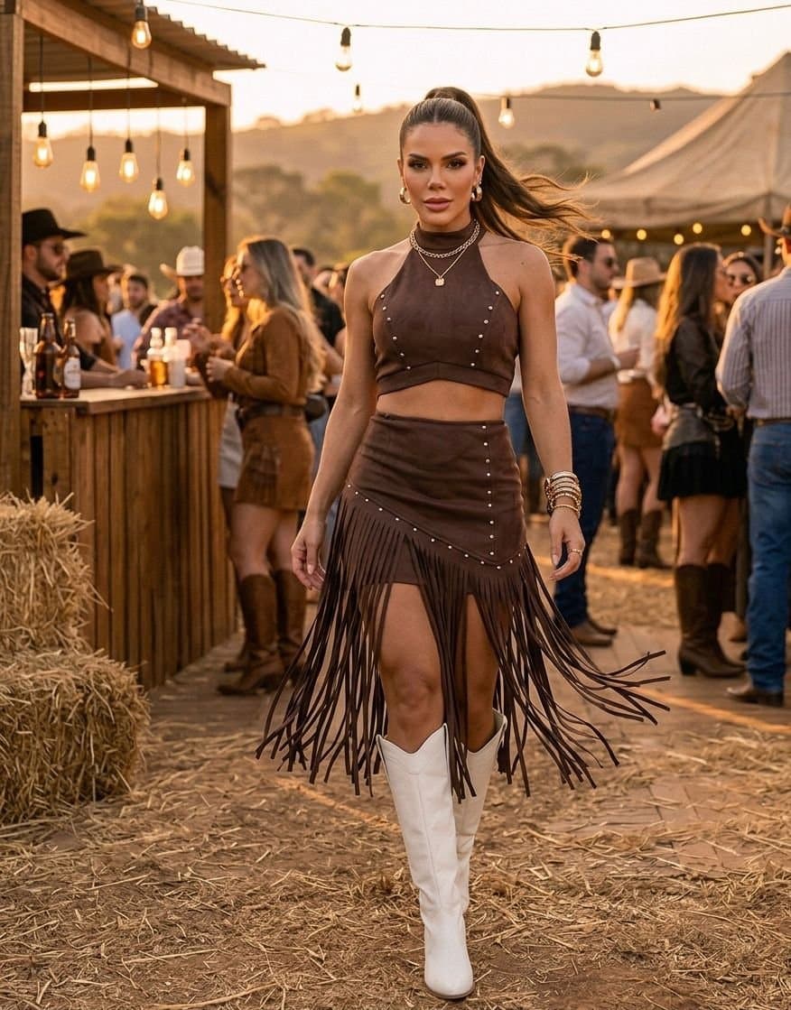 Conjunto Marrom Suede Franjas com Aplicações