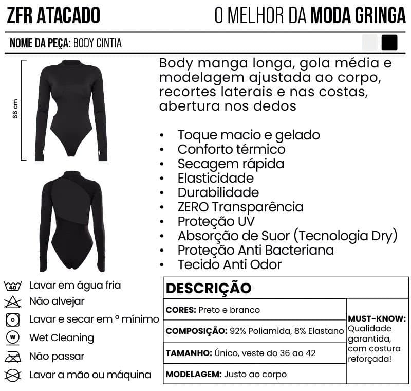 Body Poliamida Cintia Costas Abertas Luvinha Preto