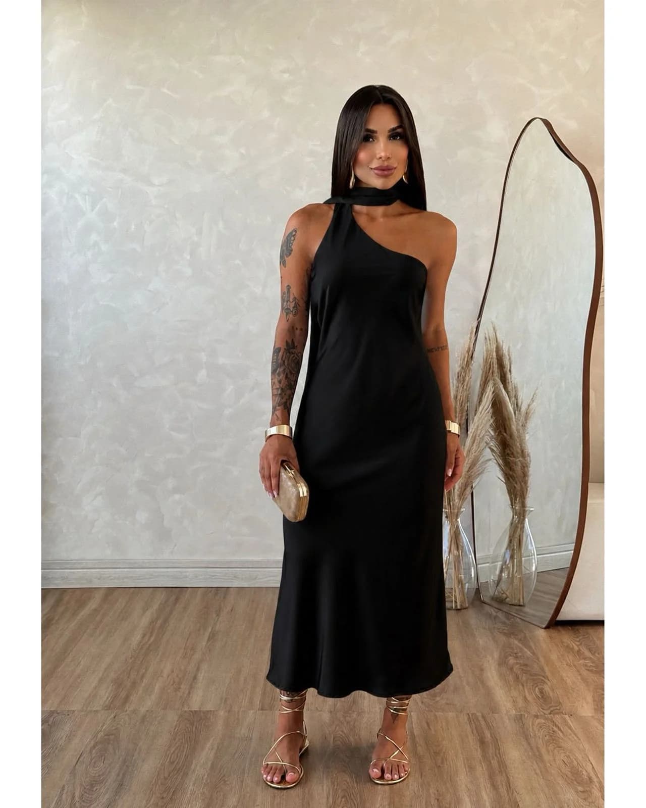 Vestido Longo Cetim Faixa Choker