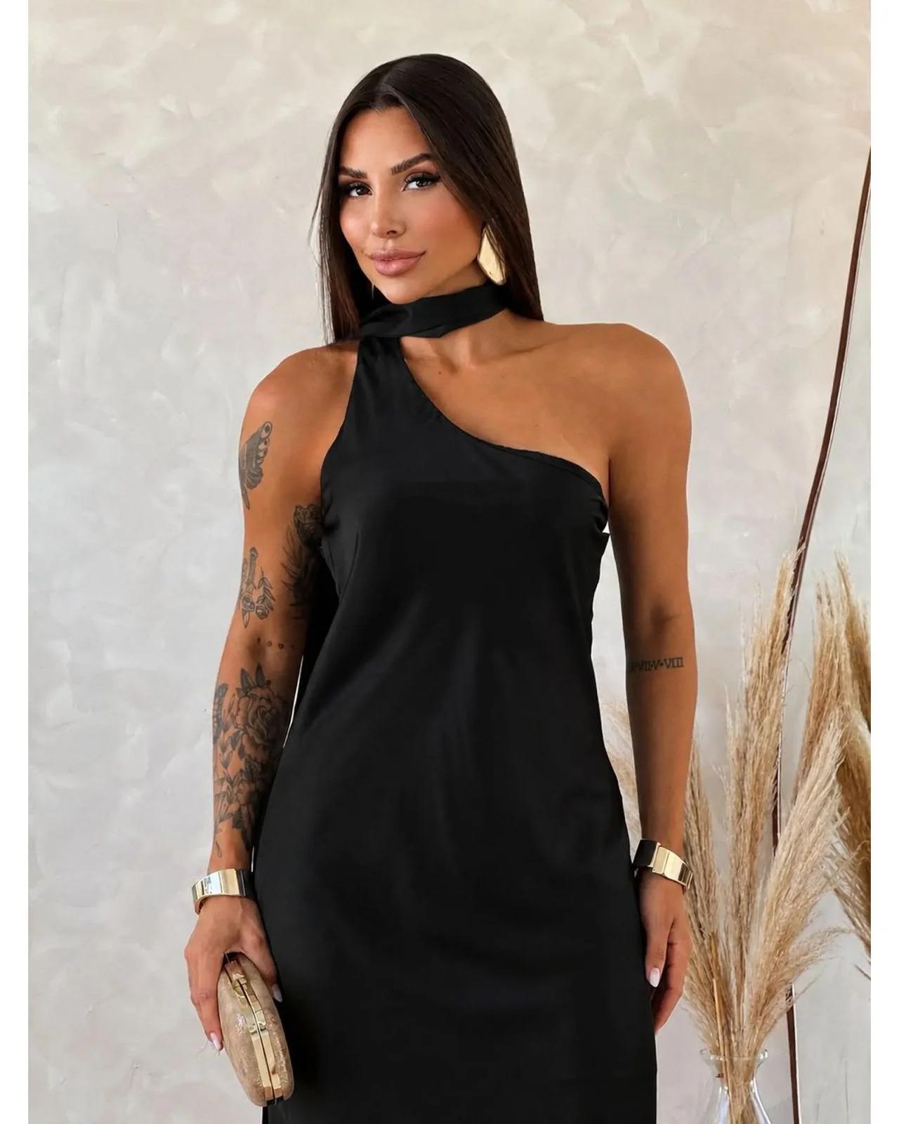 Vestido Longo Cetim Faixa Choker